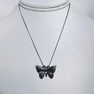 Sterling Silver Butterfly Pendant With Silver Tone Curb Chain Necklace (5886)
